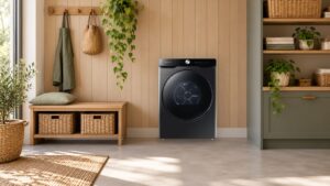 Sèche-linge Samsung DV16DG8600BV noir installé dans une buanderie