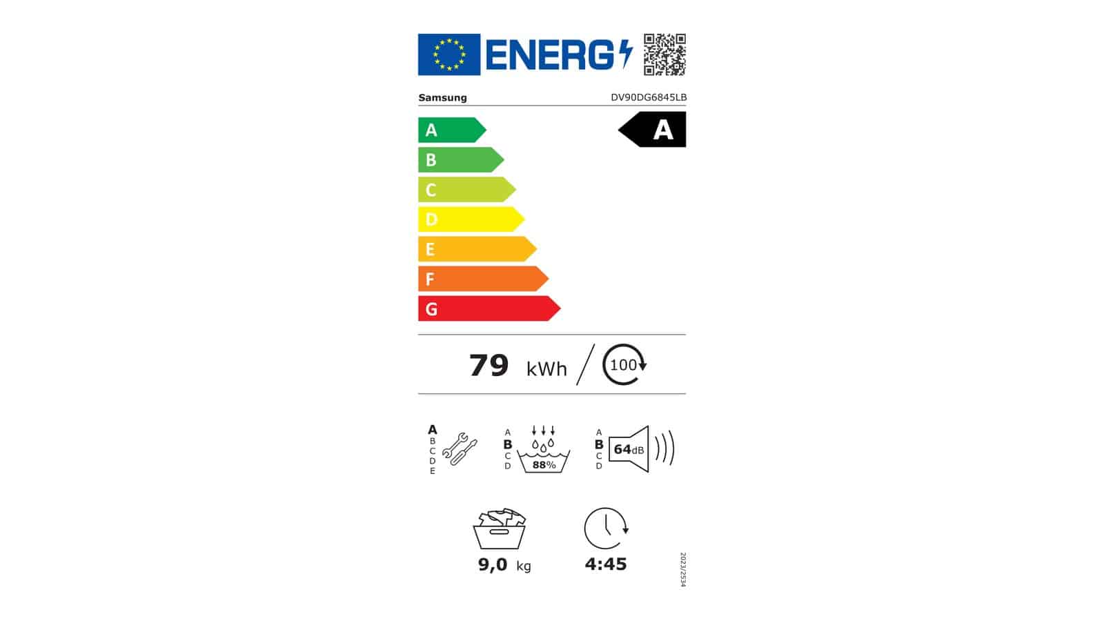 Étiquette énergie du sèche-linge Samsung DV90DG6845 en classe A