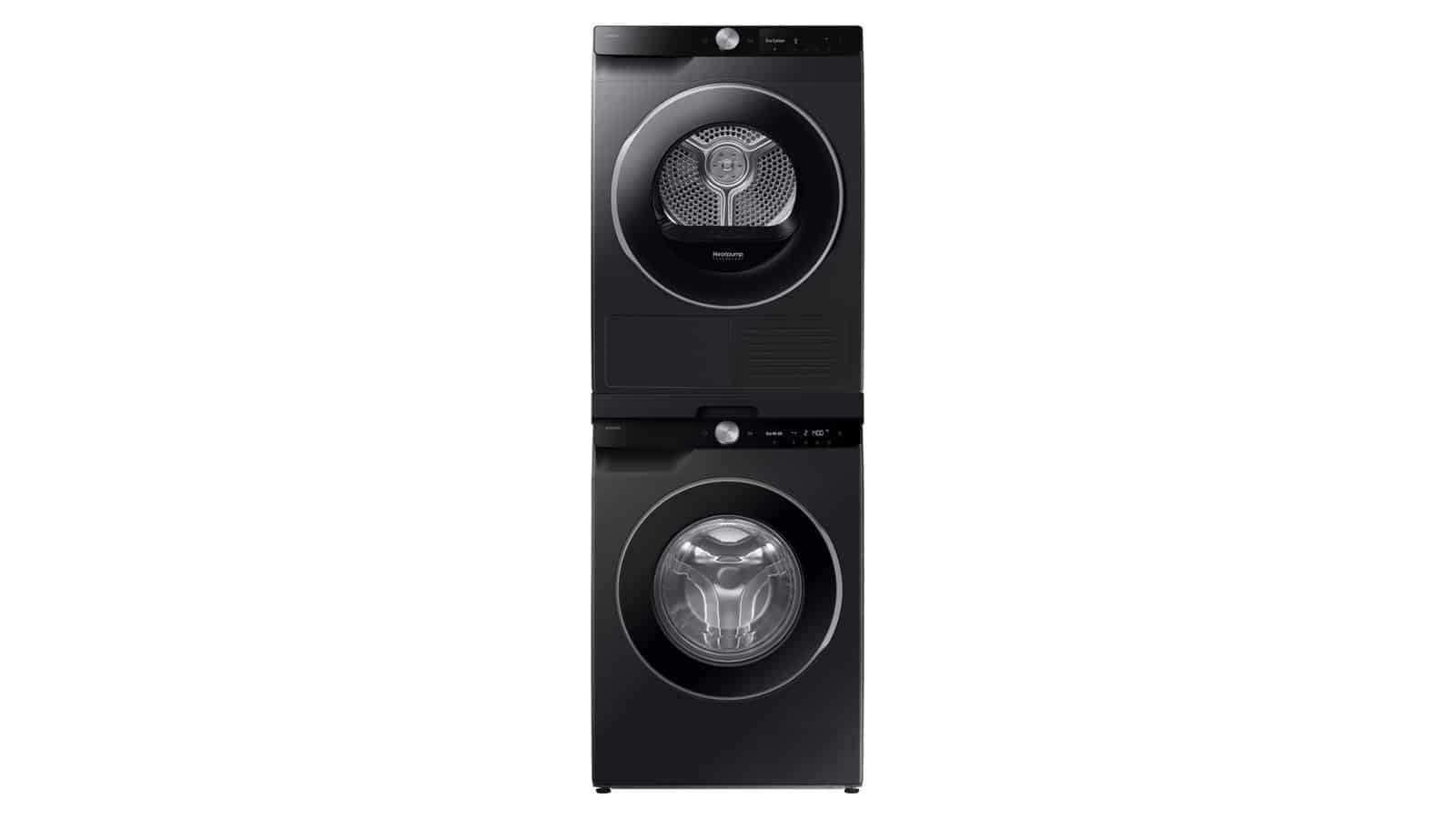 Sèche-linge Samsung DV90DG6845LB noir superposé sur un lave-linge Samsung noir