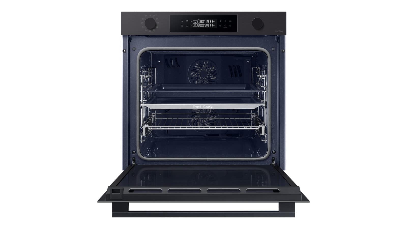 Cavité émaillée de 76 litres du four Samsung NV7B4430ZAB porte ouverte