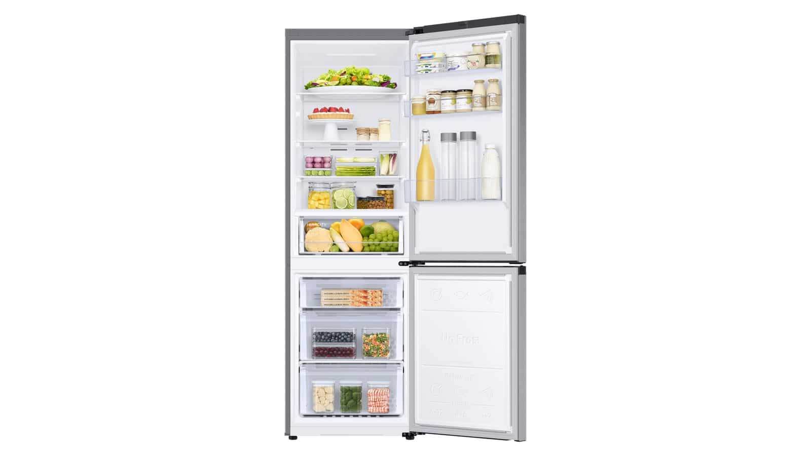 Réfrigérateur combiné Samsung RB34C600CSA portes ouvertes et rempli