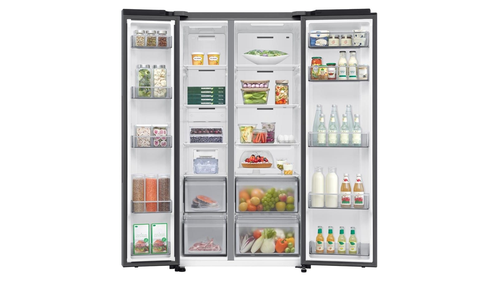 Réfrigérateur Samsung RS70F65QET portes ouvertes et rempli