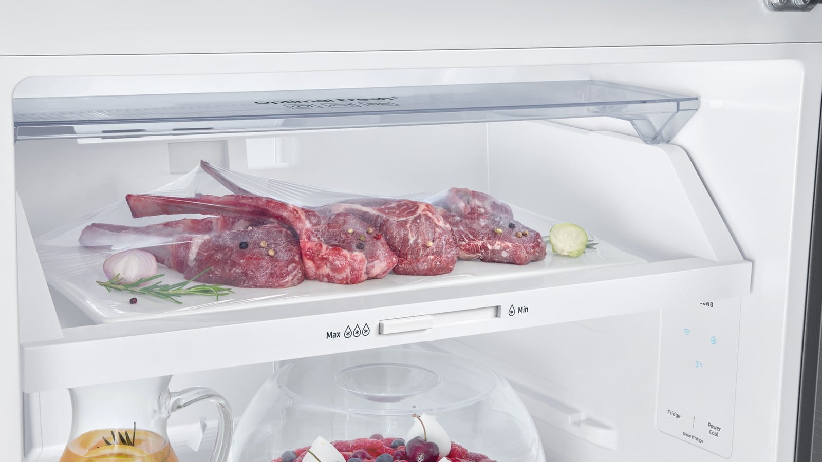 Tiroir Optimal Fresh+ du réfrigérateur Samsung RT31CG5624S9 avec de la viande