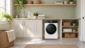 Lave-linge Samsung WW11DB7B94GE blanc installé dans une buanderie