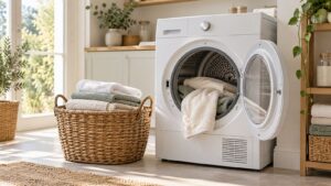 Sèche-linge à hublot ouvert avec des serviettes, à côté d’\un panier de linge propre dans une buanderie