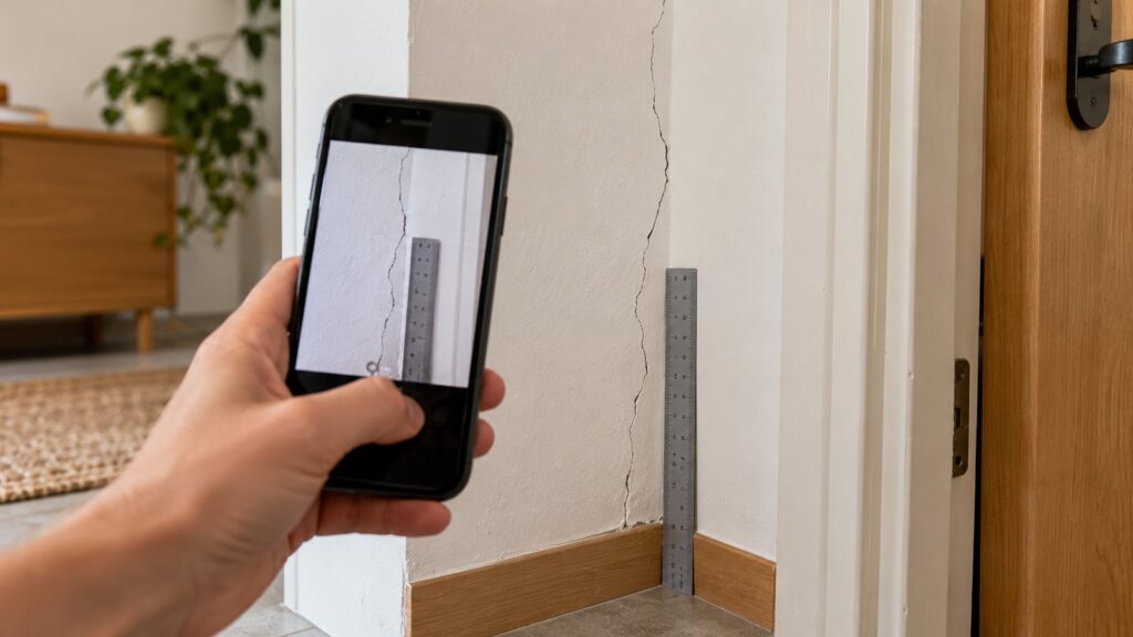Une main tient un smartphone qui photographie une fine fissure sur un mur blanc, près d’une porte, avec une règle posée contre le mur comme repère