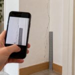 Une main tient un smartphone qui photographie une fine fissure sur un mur blanc, près d’une porte, avec une règle posée contre le mur comme repère