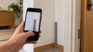 Une main tient un smartphone qui photographie une fine fissure sur un mur blanc, près d’une porte, avec une règle posée contre le mur comme repère