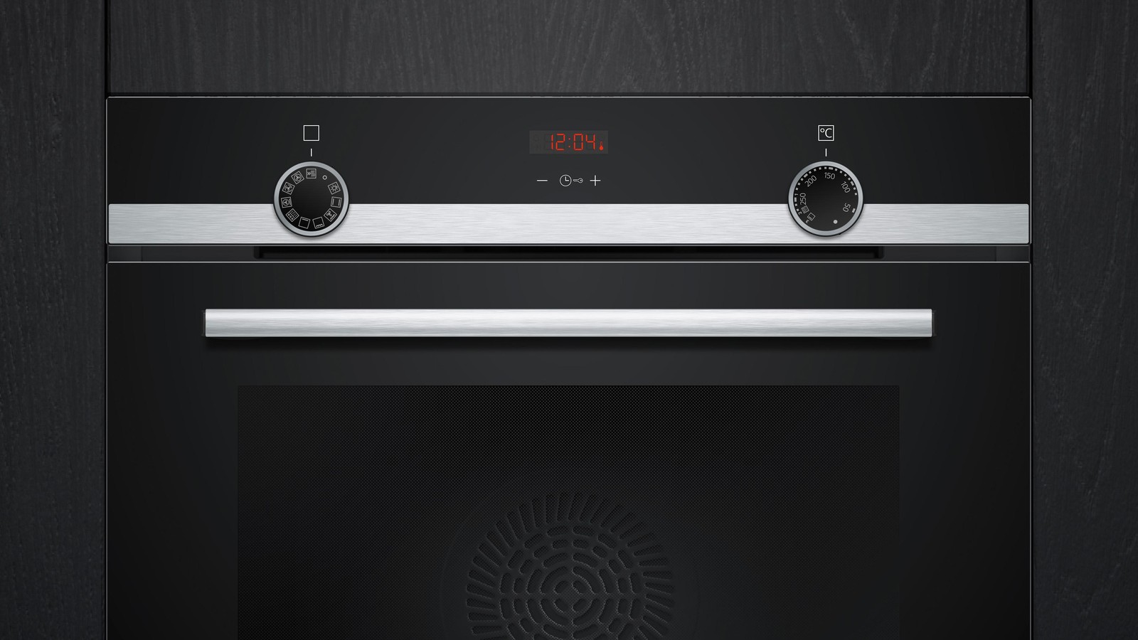 Bandeau du four Siemens HB554AER3F avec deux boutons rotatifs et un afficheur LED rouge