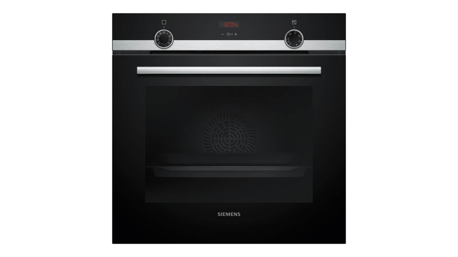 Four encastrable Siemens HB554AER3F vu de face, verre noir et inox