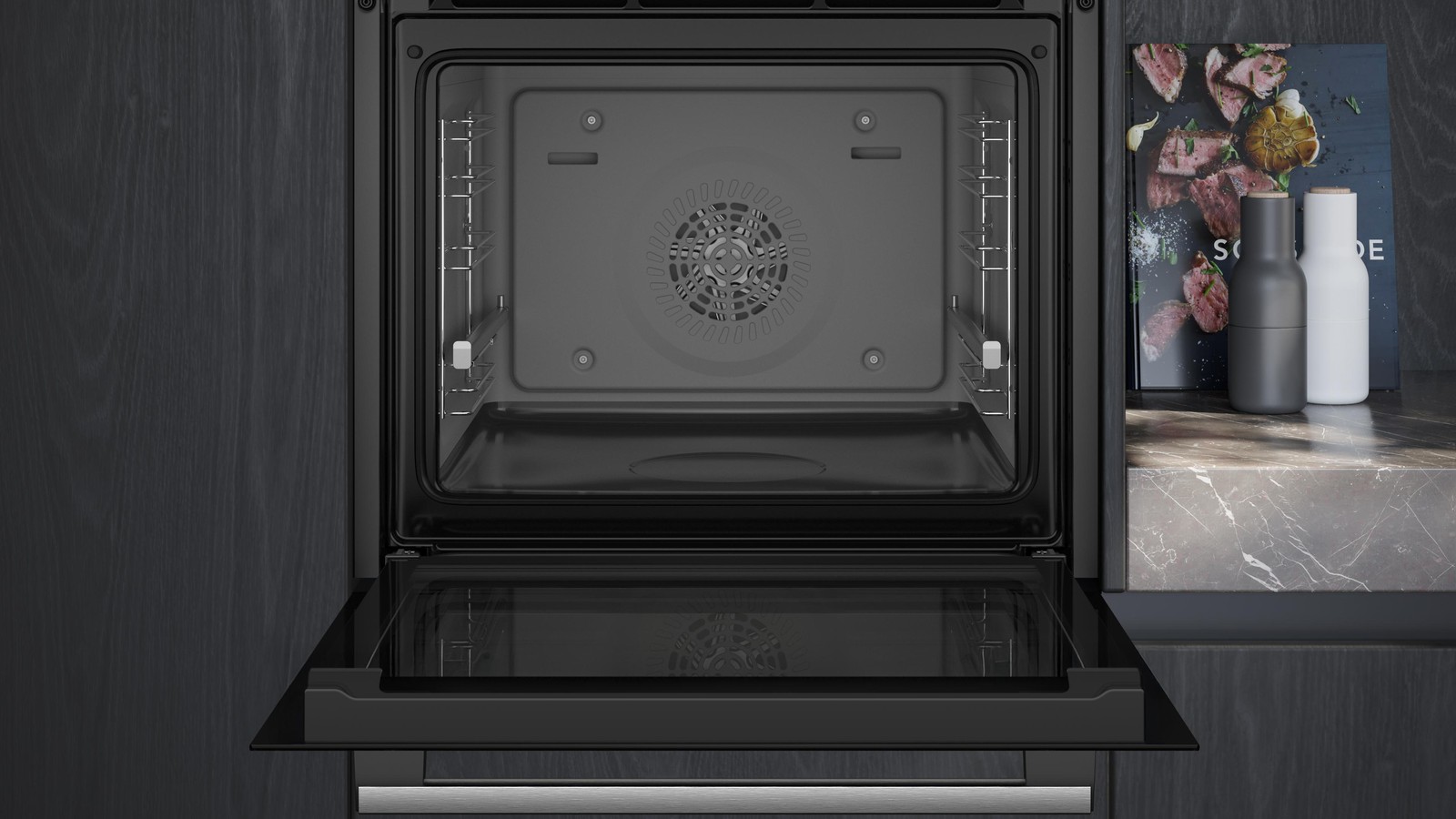 Cavité de 71 litres du four Siemens HB554AER3F, porte ouverte