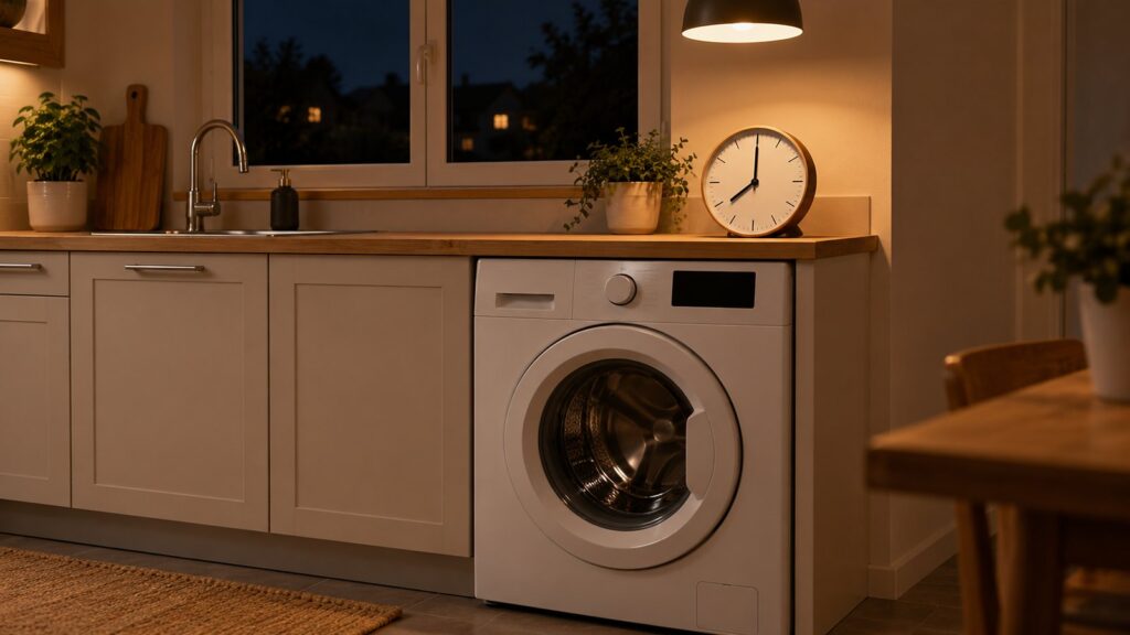 Cuisine le soir, un lave-linge à hublot sous le plan de travail et une horloge posée à côté, éclairés par une suspension