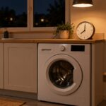 Cuisine le soir, un lave-linge à hublot sous le plan de travail et une horloge posée à côté, éclairés par une suspension