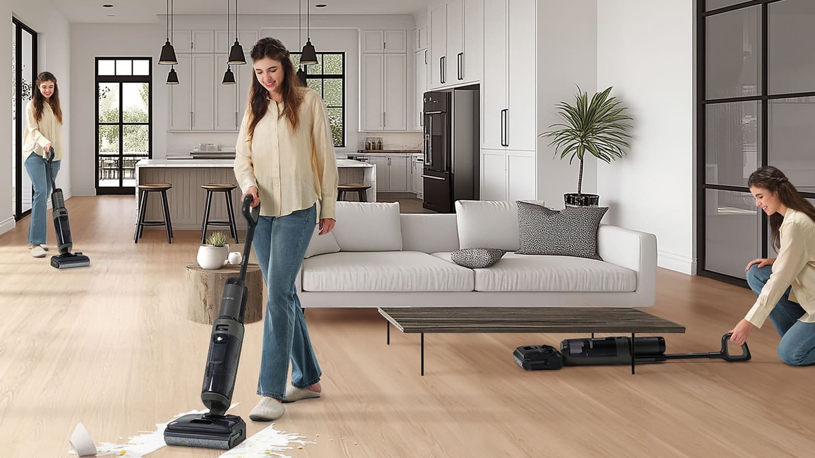 Tineco Floor One i6 Stretch utilisé dans un séjour, dont une fois couché à plat sous une table basse