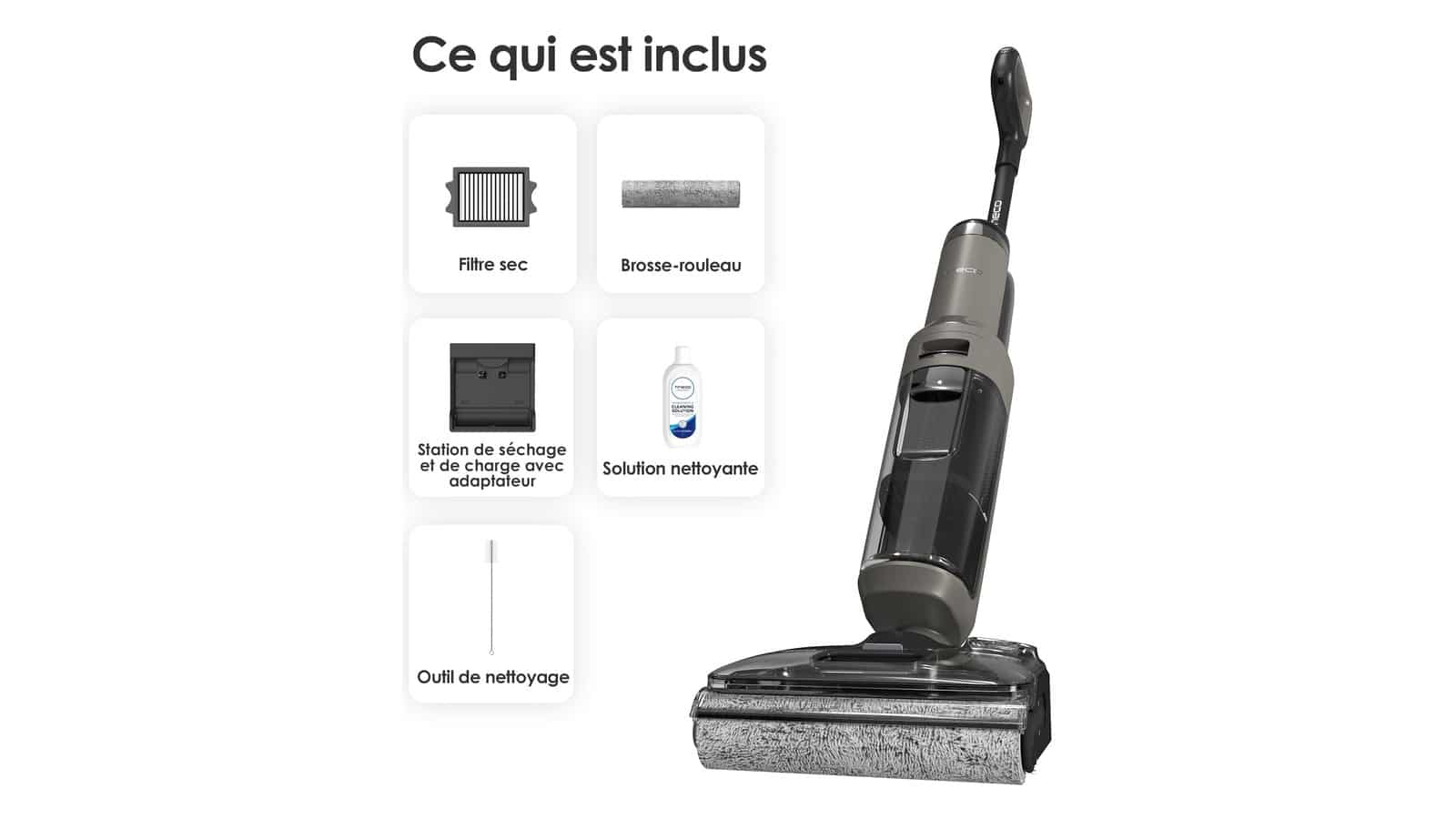 Contenu de la boîte du Tineco Floor One i6 Stretch : station, rouleau, filtre sec, solution et outil de nettoyage