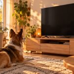 Un chien couché sur un tapis regarde un grand téléviseur éteint posé sur un meuble bas, dans un salon éclairé par une lumière d’automne