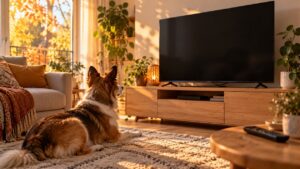 Un chien couché sur un tapis regarde un grand téléviseur éteint posé sur un meuble bas, dans un salon éclairé par une lumière d’automne