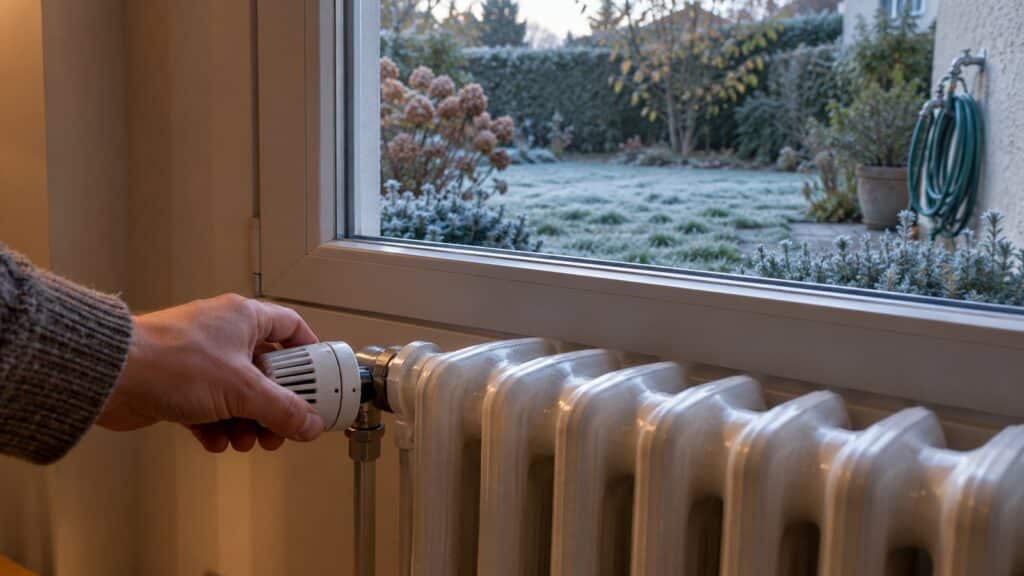 Une main règle la tête thermostatique d’un radiateur sous une fenêtre ; dehors, un jardin légèrement givré au petit matin