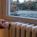 Une main règle la tête thermostatique d’un radiateur sous une fenêtre ; dehors, un jardin légèrement givré au petit matin