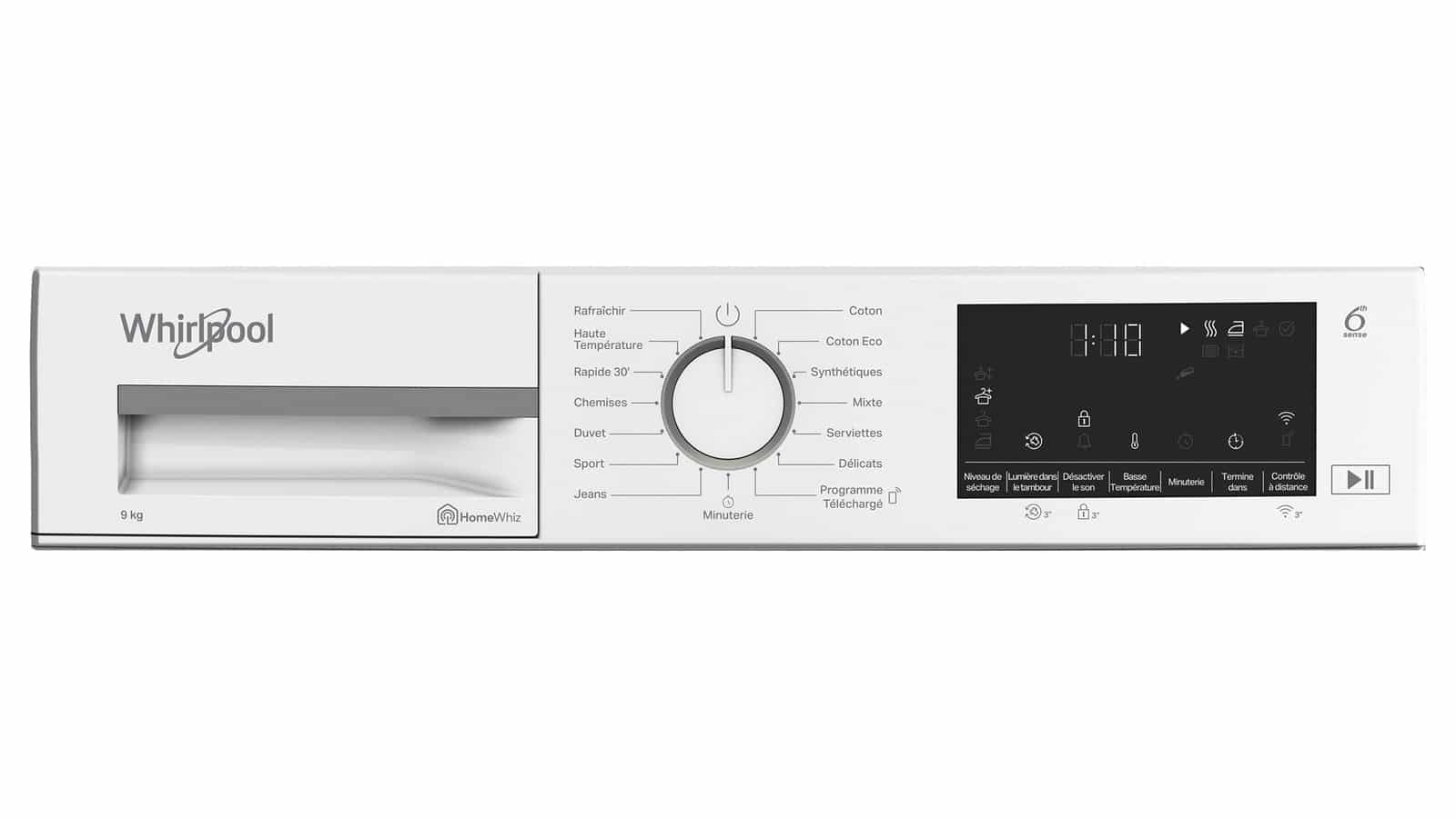 Bandeau de commandes du sèche-linge Whirlpool CWD93MWWSFR avec sélecteur et afficheur