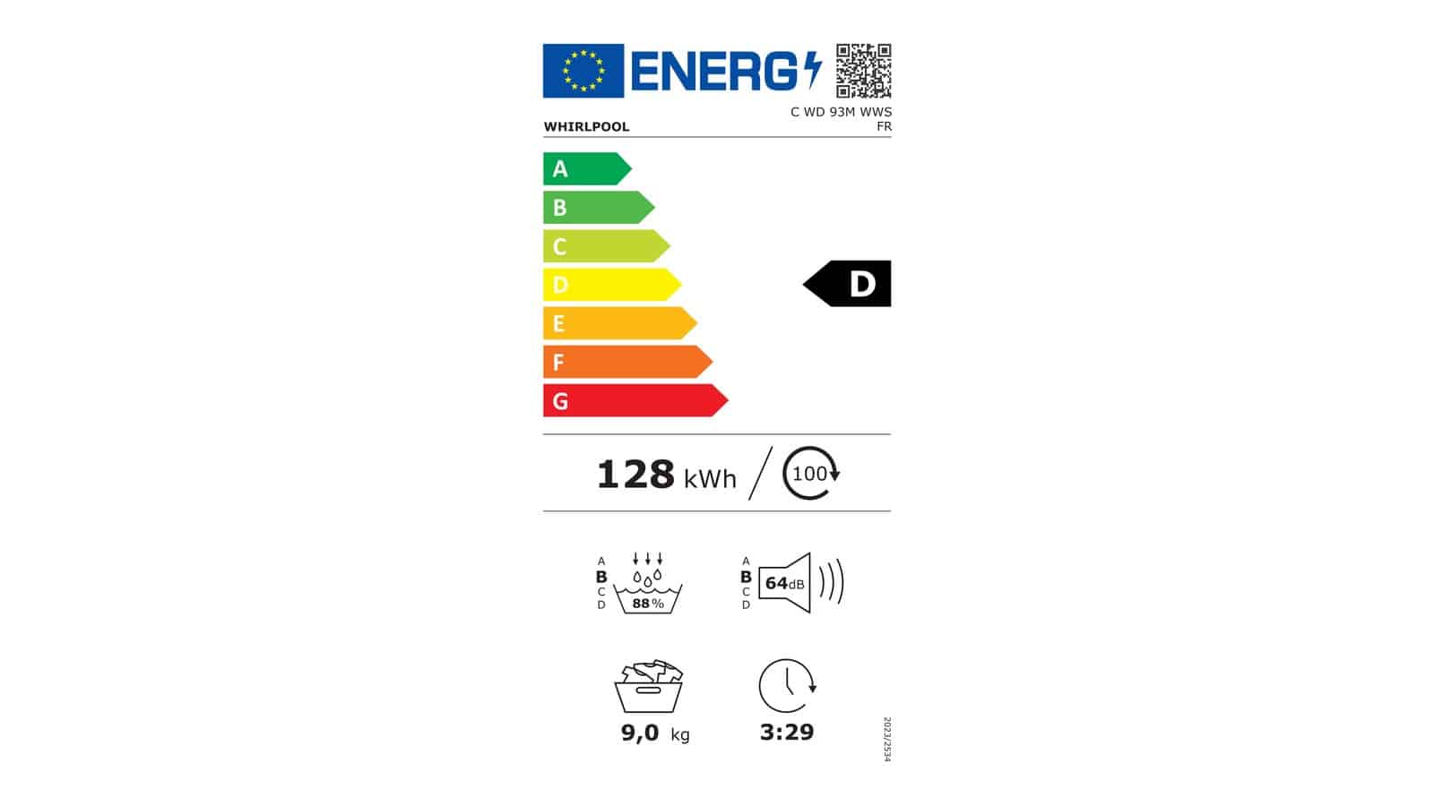 Étiquette énergie du sèche-linge Whirlpool CWD93MWWSFR en classe D