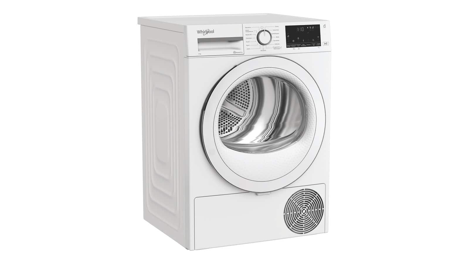 Sèche-linge pompe à chaleur Whirlpool CWD93MWWSFR blanc vu de trois quarts