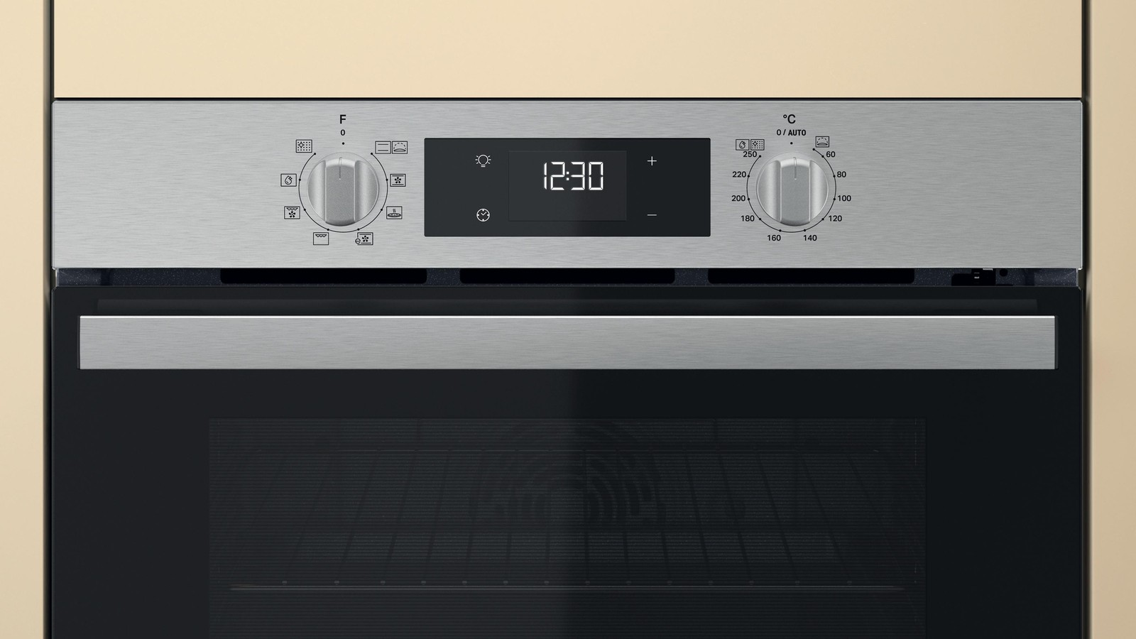 Bandeau de commande du four Whirlpool OMR559RR0X avec deux boutons rotatifs et un afficheur