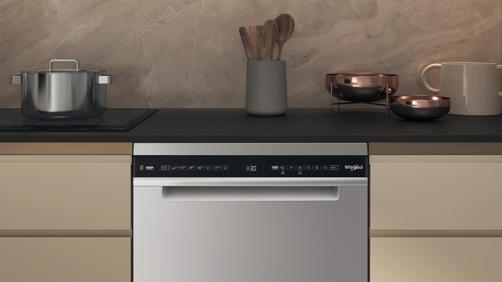 Bandeau de commandes du lave-vaisselle Whirlpool W7FHS41S installé sous un plan de travail